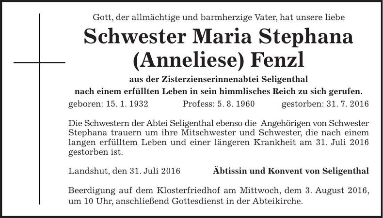 Traueranzeige Maria Stephana Fenzl