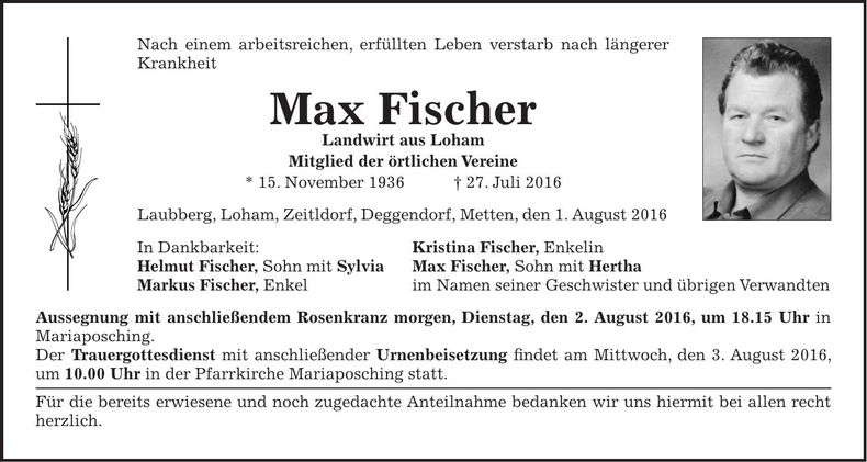 Traueranzeige Max Fischer