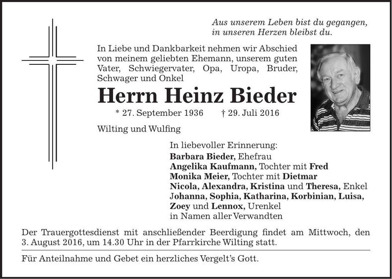 Traueranzeige Heinz Bieder