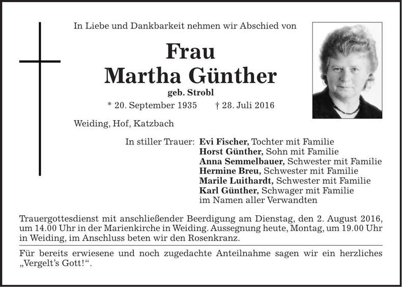 Traueranzeige Martha Günther
