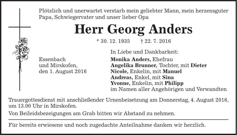Traueranzeige Georg Anders
