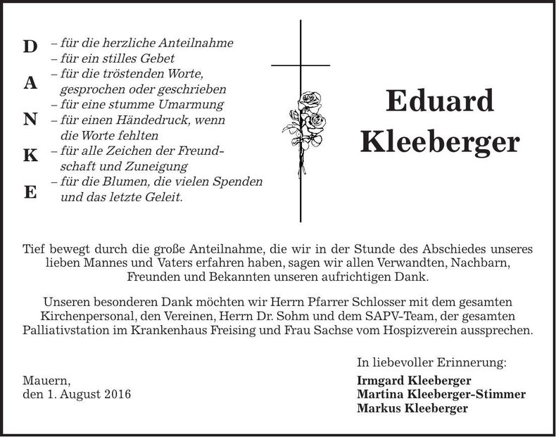 Traueranzeige Eduard Kleeberger