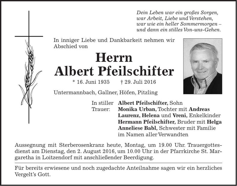 Traueranzeige Albert Pfeilschifter