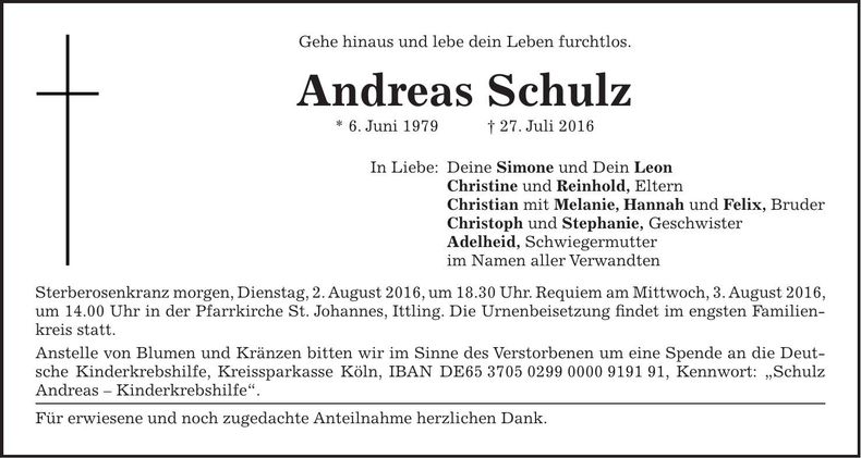 Traueranzeige Andreas Schulz