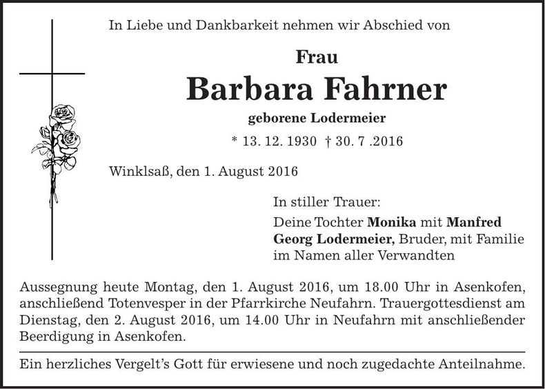 Traueranzeige Barbara Fahrner