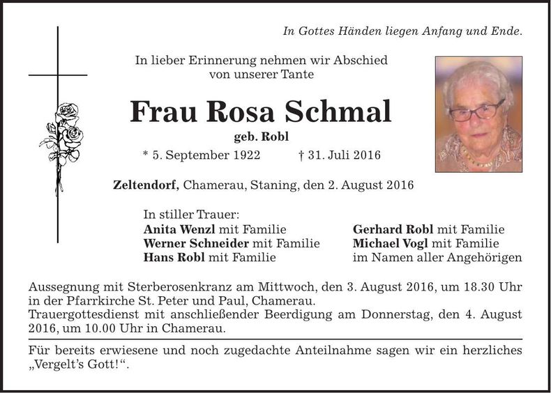 Traueranzeige Rosa Schmal