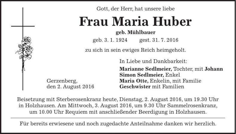 Traueranzeige Maria Huber