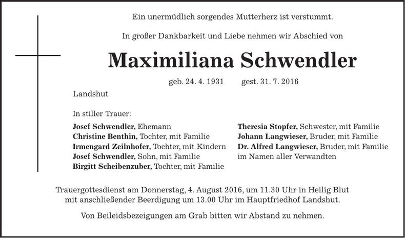 Traueranzeige Maximiliana Schwendler
