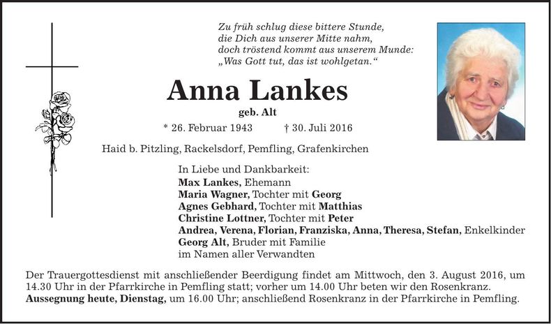 Traueranzeige Anna Lankes