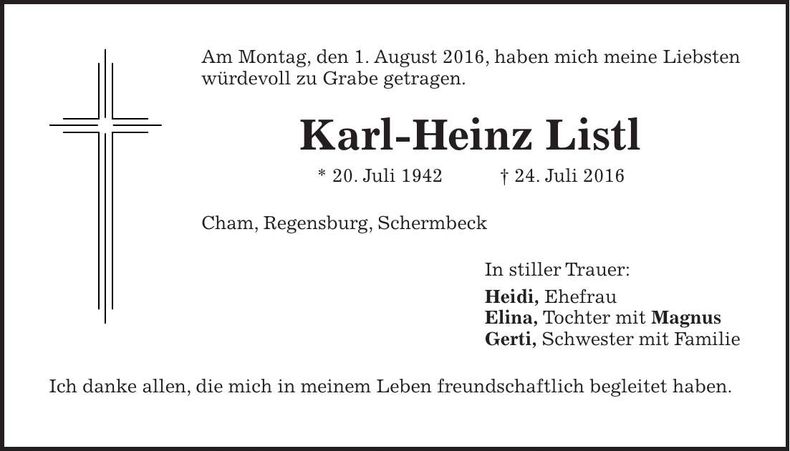 Traueranzeige Karl-Heinz Listl