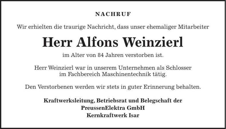 Traueranzeige Alfons Weinzierl
