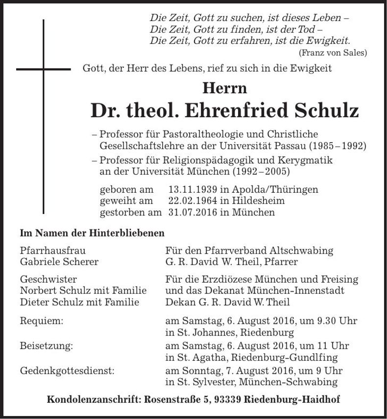 Traueranzeige Ehrenfried Schulz