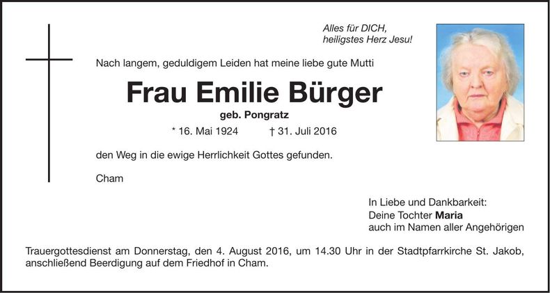 Traueranzeige Emilie Bürger