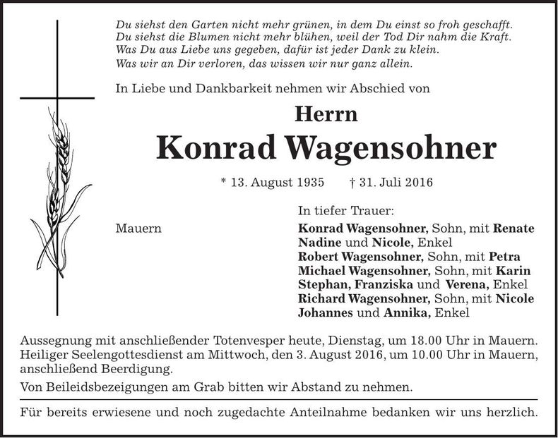 Traueranzeige Konrad Wagensonner
