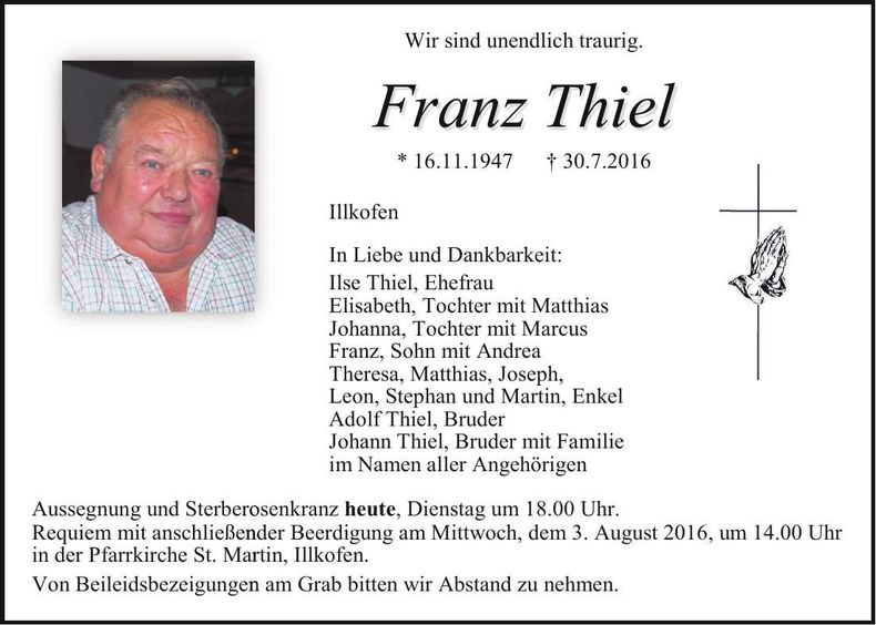 Traueranzeige Franz Thiel