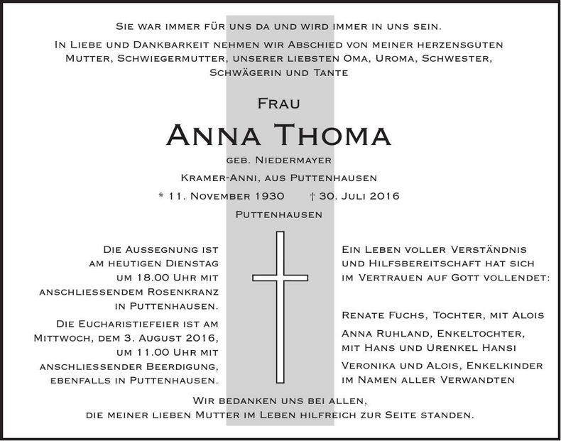 Traueranzeige Thoma Anna