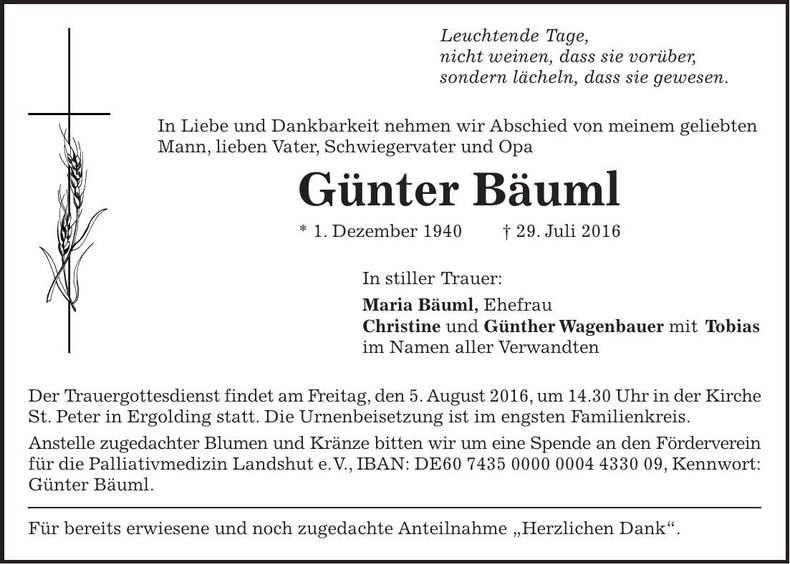 Traueranzeige Günter Bäuml