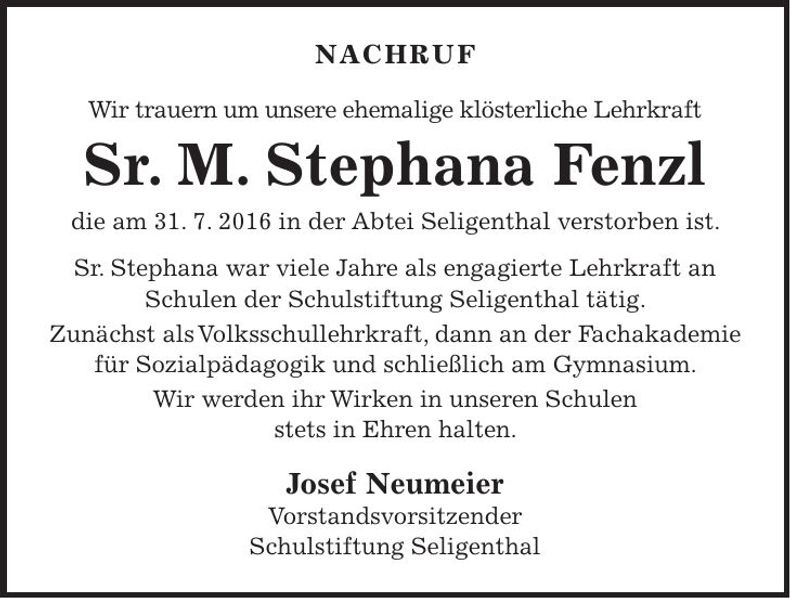 Traueranzeige Stephana Fenzl