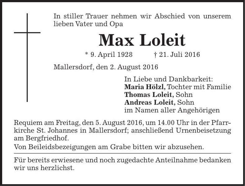 Traueranzeige Max Loleit