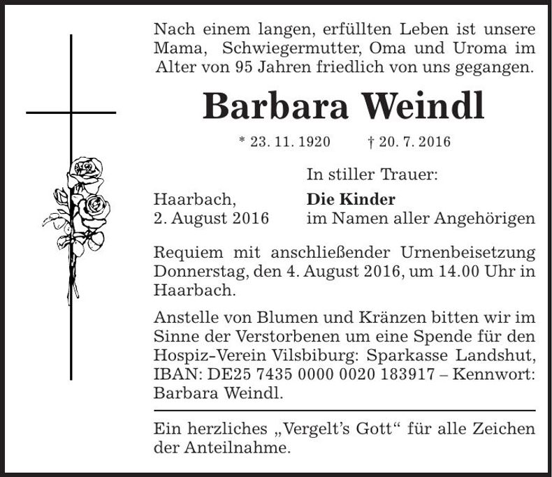 Traueranzeige Barbara Weindl