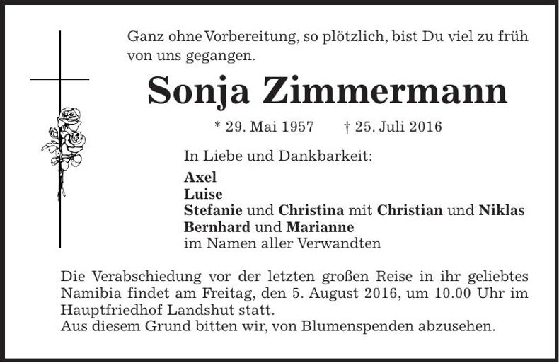 Traueranzeige Sonja Zimmermann