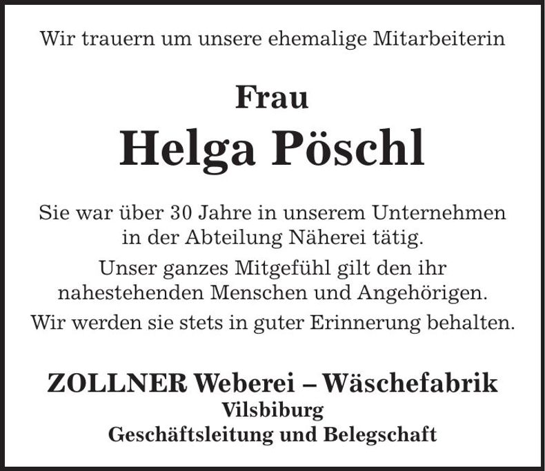 Traueranzeige Helga Pöschl
