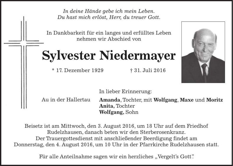Traueranzeige Sylvester Niedermayer