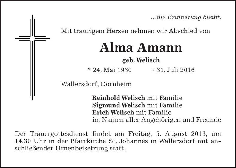 Traueranzeige Alma Amann