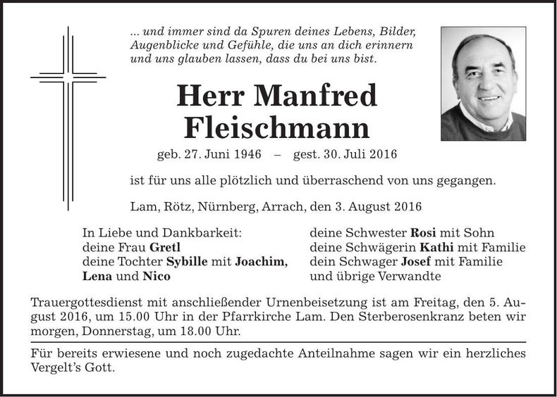 Traueranzeige Manfred Fleischmann