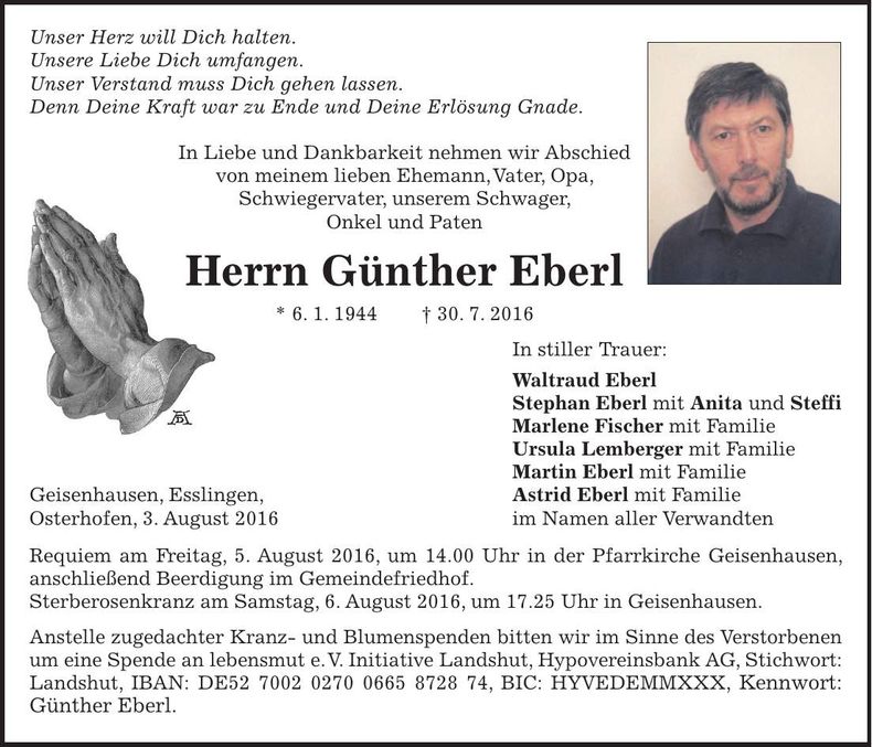 Traueranzeige Günther Eberl