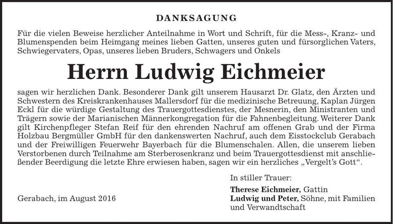 Traueranzeige Ludwig Eichmeier