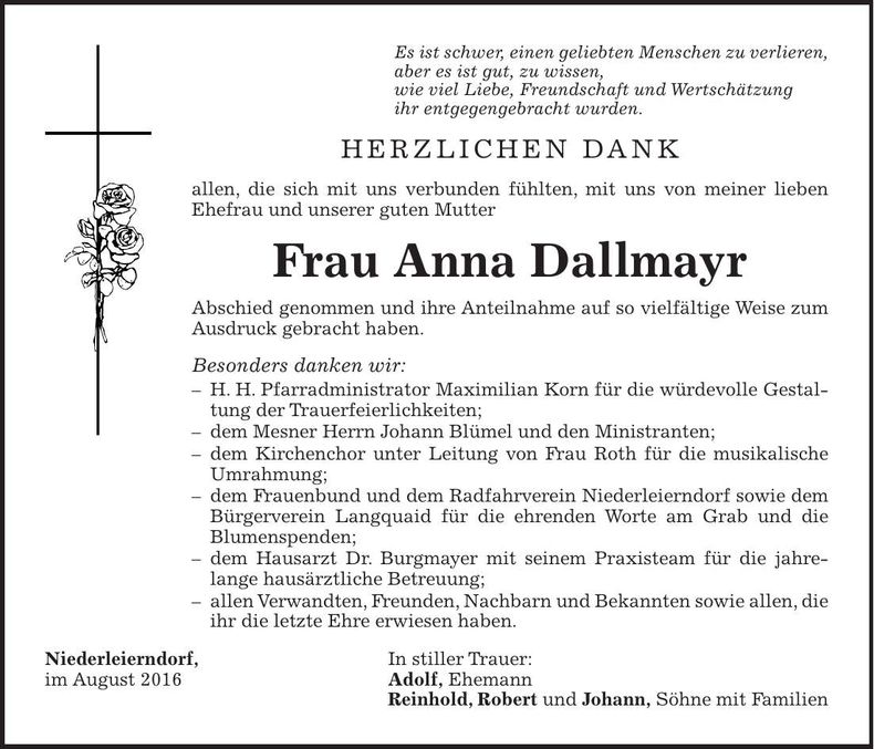 Traueranzeige Anna Dallmayr