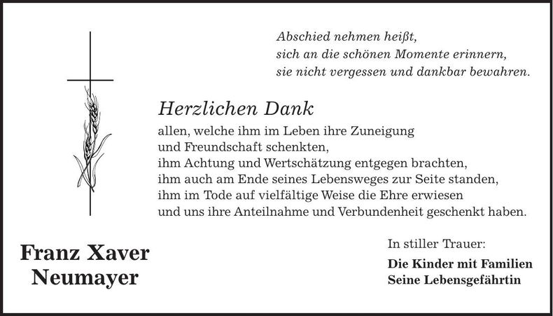Traueranzeige Franz Xaver Neumayer