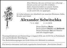 Traueranzeige Alexander Selwitschka