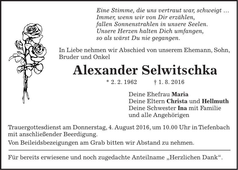 Traueranzeige Alexander Selwitschka