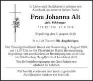 Traueranzeige Johanna Alt