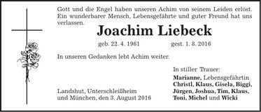 Traueranzeige Joachim Liebeck
