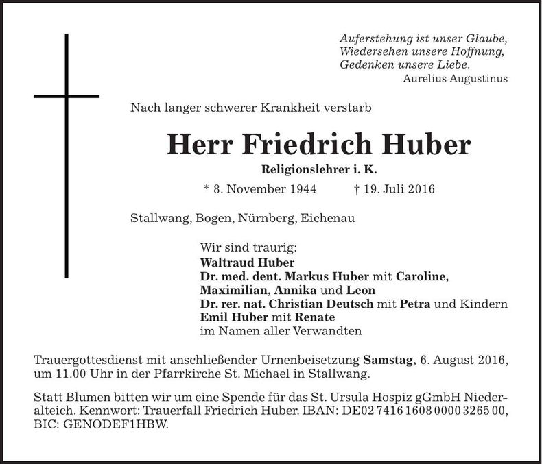 Traueranzeige Friedrich Huber