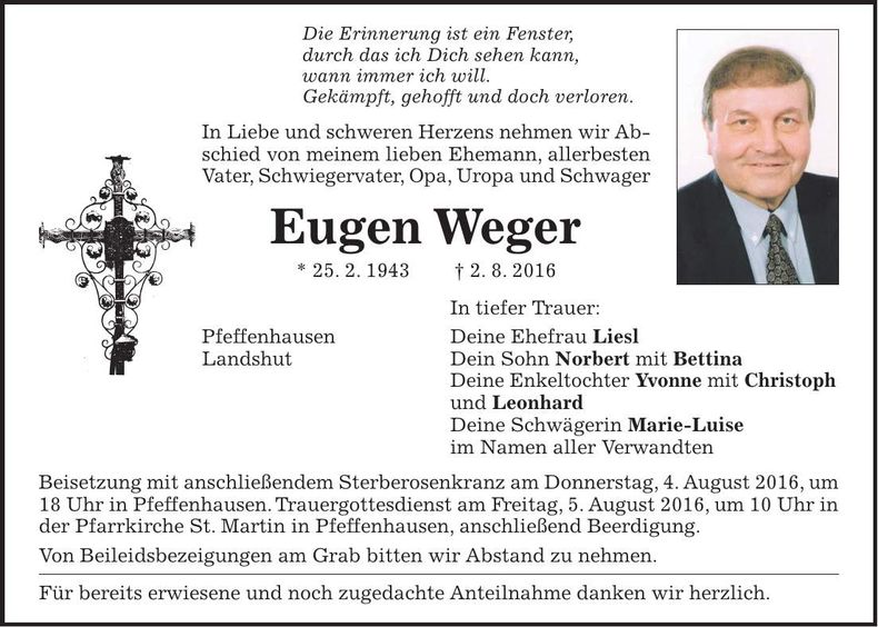 Traueranzeige Eugen Weger