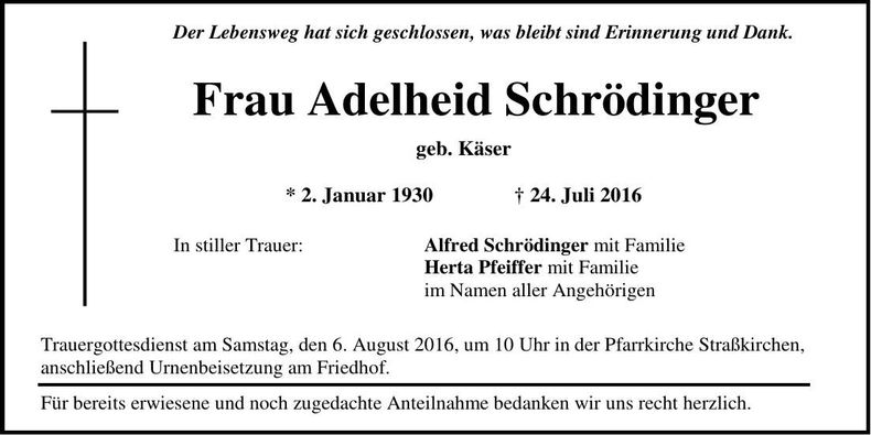 Traueranzeige Adelheid Schrödinger