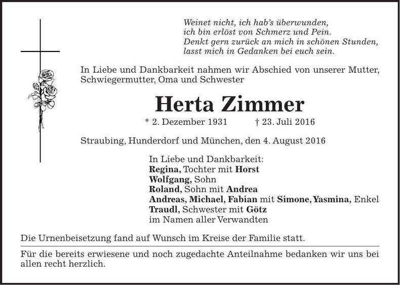Traueranzeige Herta Zimmer