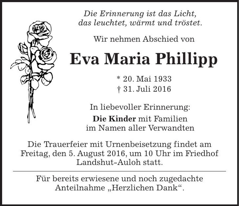 Traueranzeige Eva Maria Phillipp