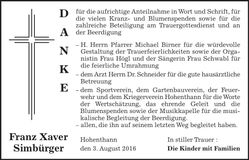 Traueranzeige Franz Xaver Simbürger