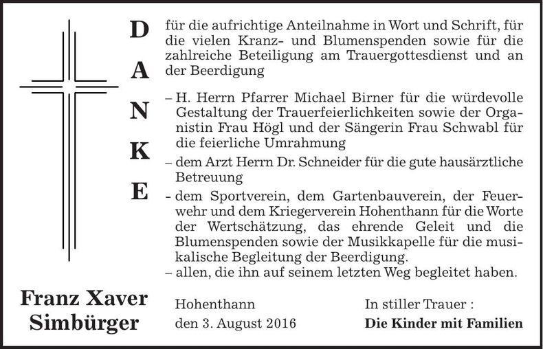 Traueranzeige Franz Xaver Simbürger