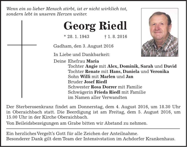 Traueranzeige Georg Riedl