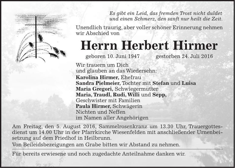 Traueranzeige Herbert Hirmer