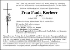 Traueranzeige Paula Korherr