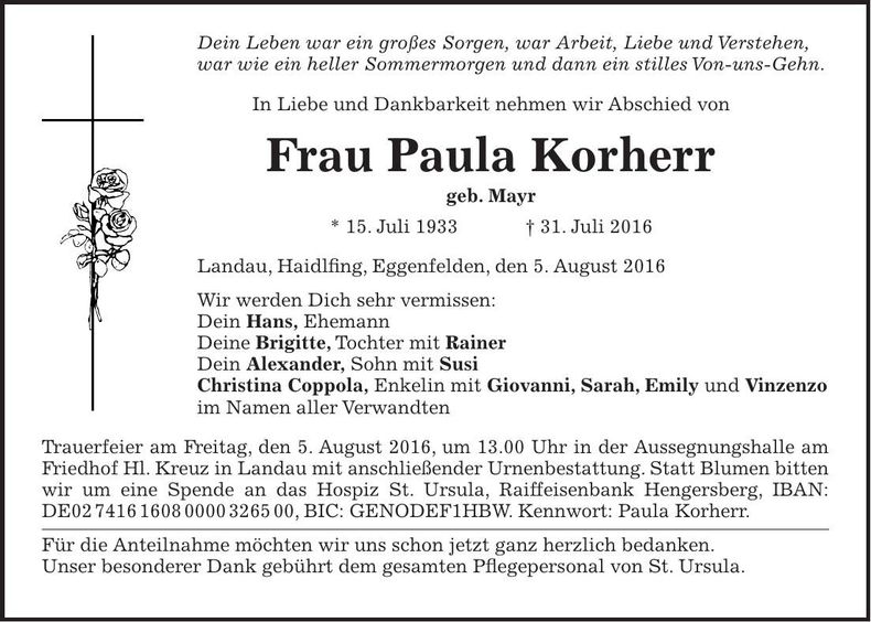 Traueranzeige Paula Korherr