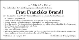 Traueranzeige Franziska Brandl