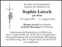 Traueranzeige Sophie Lutsch